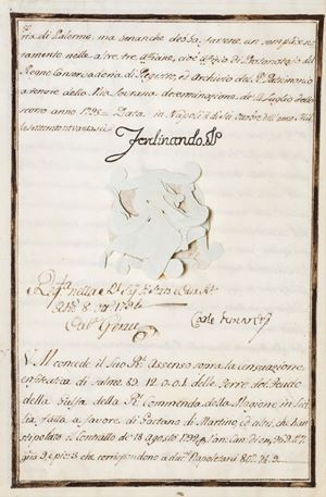 Con quest'atto notarile datato 6 ottobre 1796, Ferdinando IV accorda il suo permesso alla cessione in enfiteusi di 89.12.0.0.1 salme (una salma corrisponde a 17.415,37 m²) delle terre del feudo della Giulfa, di proprietà della Real Commenda della Magione, a favore di Gaetano di Martino e altri che hanno stipulato il contratto il 18 agosto 1792. Il feudo della Giulfa si trovava in Val di Mazzara (Caccamo) in Sicilia. Cedola di Censuazione di Sal.e 89.12.0.0.1. a favore di Gaetano di Martino, ed altri, che hanno stipulato il Contratto de' 18 Ag.o 1792