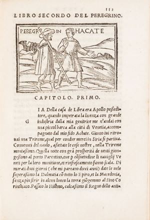I opera: Il racconto narra gli amori di Peregrino e di Ginevra, le cui peripezie rispecchiano in parte quelle vissute dall'autore, in parte quelle narrate nel Filocolo e nelle vicende di Fiorio e Biancifiore. Le ultime 12 carte contengono la vita dell'autore e alcuni componimenti poetici. (Sander, 1880 per la prima edizione).
II opera: Seconda edizione, ma la prima figurata. Gamba 21; Adams A, 414. Il peregrino