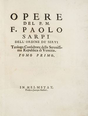 Bell'esemplare in barbe. "Col titolo di Opere Varie furono fatte più edizioni degli scritti minori di Frà Paolo, con mentito nome di luogo e di stampatore, più o meno imperfette e tutte scorrettissime. La più bella è quella di Verona colla data di Helmstadt 1750 2 vol. in folio, preceduta della Vita di Frà Paolo scritta da Frà Fulgenzio" (A. Bianchi-Giovini, Biografia di Fra Paolo Sarpi, 1846, p.356). Opere