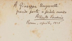 "A Giuseppe Ungaretti grande poeta e fedele amico Alberto Savinio. Roma, aprile, 1925."  La casa ispirata