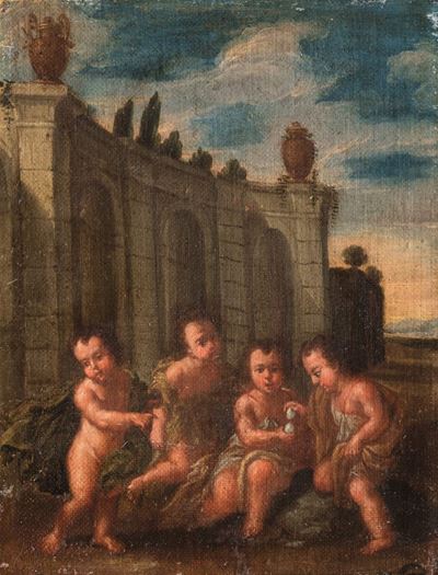 Giochi di putti danzanti con esedra sullo sfondo, olio su tela
