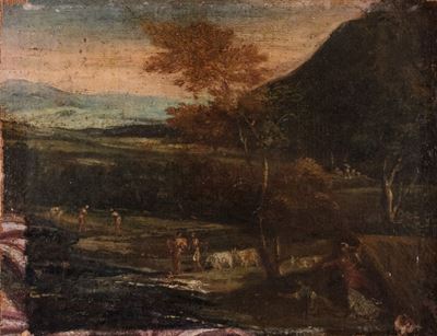 Paesaggio fluviale con astanti, olio su tela applicato su masonite