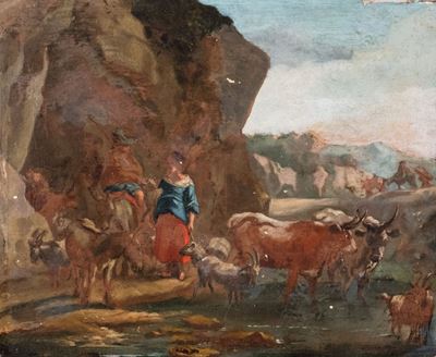 Paesaggio con pastori e armenti al guado, olio su tavola