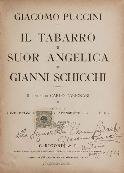 Puccini, Il Tabarro - Suor Angelica - Gianni Schicchi, 1919 con dedica autografa