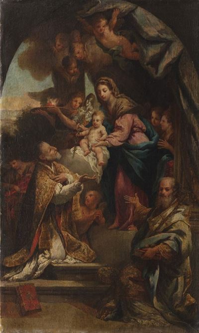 Anonimo, Madonna con Bambino appare a san Filippo Neri e san Nicola di Bari, olio su tela