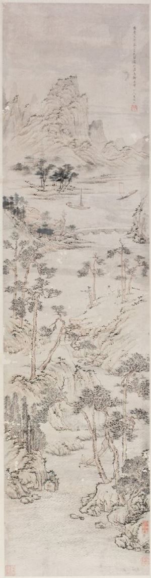  - Stampa raffigurante paesaggio, Cina secolo XIX, con iscrizione e marchi in rosso 