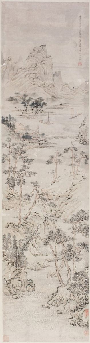 Paesaggio, stampa con iscrizione e marchi in rosso, Cina XIX secolo