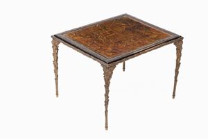 Pannello in lacca, raffigurante giardino, tempio e astanti, Cina, secolo XIX, montato a tavolino (di epoca posteriore)