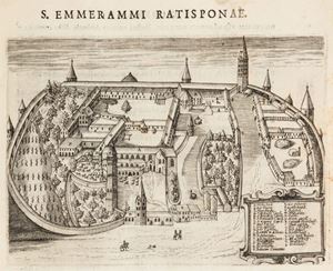 Elegante e non comune edizione dedicata ai monasteri benedettini tedeschi arricchita da dettagliate e interessanti illustrazioni.  Monasteriologia in qua insignium aliquot monasteriorum familiae S. Benedicti in Germania, origines, fundatores describuntur.