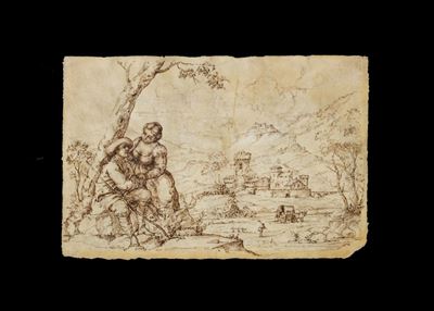 Imitatore di Domenico Campagnola (XIX secolo), Paesaggio con scena galante in primo piano e borgo...