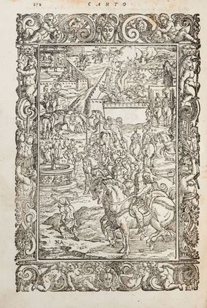 L’ Orlando Furioso stampato dal Valgrisi fu uno dei più celebri libri figurati del Rinascimento italiano, ristampato con continuità dal 1556, anno della prima edizione, al 1603.  Orlando Furioso... Tutto ricorretto, & di nuove figure adornato...