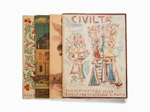 Tutto il pubblicato di questa rivista bimestrale e trimestrale dedicata alla Esposizione Universale di Roma, riccamente illustrata con moltissime illustrazioni e numerose e belle pagine di pubblicità. Vi sono pubblicati importanti articoli sull'arte, l'architettura, le tradizioni popolari e la storia. Tra i vari autori dei testi : Alvaro, Baldini, Bontempelli, P.Gadda, Conti, Piovene, Praz, Bonaventura Tecchi e tanti altri. Assai belle le copertine policrome, di cui alcune appositamente concepite da Funi, Campigli, De Chirico,Morandi ed altri. CIVILTA' rivista della Esposizione Universale di Roma 