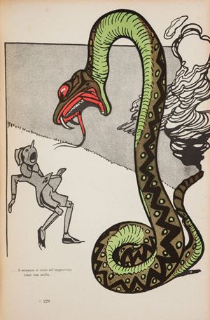 La famosa prima edizione a colori e di lusso illustrata da Attilio Mussino con oltre 400 immagini. Opera tecnicamente e artisticamente bellissima che ebbe un successo enorme e conobbe un'infinità di riduzioni e adattamenti.  
Lotto non passibile di restituzione. Le Avventure di Pinocchio