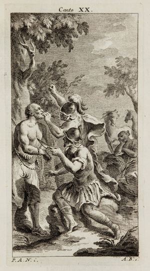 Pregevole edizione di Forteguerri pubblicata sotto lo pseudonimo greco di "Carteromaco", corredata da belle vignette in apertura ad ogni canto, disegnate da Pier Antonio Novelli e incise da Antonio Baratti. L'esemplare presenta ai frontespizi la nota di possesso dell'avv. "Giuseppe Ravizza", primo ideatore (1855) della macchina da scrivere ("cembalo scrivano") a tastiera fissa e spostamento automatico del carrello e della carta. Nel 1883 brevettò il primo modello a scrittura visibile. Melzi I, p. 179.  Ricciardetto