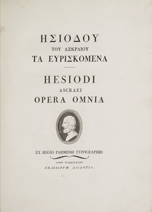 Hesiodi opera omnia latinis versibus expressa atque illustrata a Bernardo Zamagna Ragusino, (a seguire)  Hesiodou tou Askraiou ta Euriskomena. Hesiodi Ascraei Opera omnia