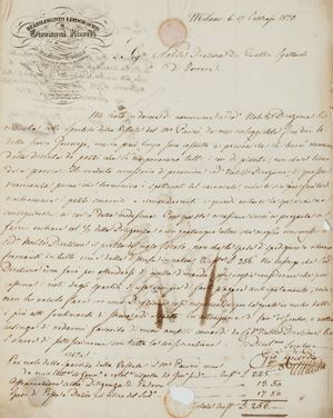 "Mi trovo in dovere di annunciare a cod.a Nobile Direzione la ricevuta dello spartito della Vestale del M.o Pacini, da me noleggiatole fino dal 4 dello scorso Gennajo, ma in pari tempo sono costretto a prevenirla che trovai manca dalla distinta di pezzi che la componevano tutti i cori di pianta, non che il libro della poesia. (...)" 
La Vestale è un melodramma tragico opera di Giovanni Pacini su libretto di Luigi Romanelli, pubblicata da Ricordi nel 1831 circa. Interessante il presente documento che attesta la vasta rete di contatti di Giovanni Ricordi, il fondatore dell'omonima casa editrice musicale; la pratica di affittare spartiti, di riprodurli, di comprare gli originali e diffonderli a mezzo copia fu la geniale intuizione di Ricordi, tale da consentirgli di creare un vasto archivio musicale, fondamento della sua attività editoriale.
Il nolo dello spartito costava L.225, cui andavano aggiunte altre 31 lire per la spedizione e il dazio postale.  
 Lettera autografa firmata