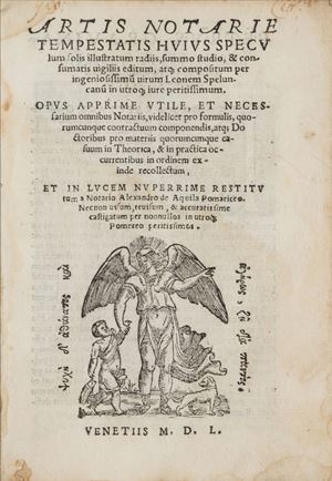 Prima opera: Una delle principali opere di notariato del nostro Rinascimento - destinata all'epoca a larghissima fortuna nell'ambiente notarile - è fra i più antichi formulari esistenti in merito al notariato, antecedente sia al formulario fiorentino che a quello romano. La prima edizione fu stampata a Napoli nel 1526. Artis notarie tempestatis huius speculum solis illustratum radiis, summo studio, & consumatis vigiliis editum, atque compositum