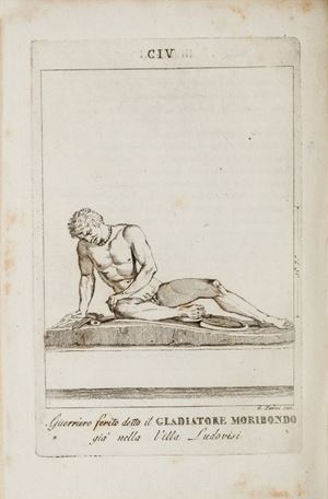 Interessante opera che descrive le meraviglie di Scultura e di Pittura raccolte e conservate nel Campidoglio (vol. I, p. 3). In questo lotto sono presenti i primi 2 volumi (di 5), dedicati alle statue, di quest'opera dedicata ai Musei Capitolini. Questi, aperti al pubblico nel 1734, sono considerati come il primo "museo" nella sua definizione di luogo in cui l'arte sia fruibile da tutti e non solo dai proprietari. Si può dunque considerare quest'opera come una sorta di antecedente dei moderni cataloghi museali. Il Museo Capitolino