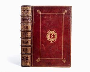 Raffinata legatura francese alle armi di Jean-Baptiste Colbert (1619 - 1683), uomo di stato e bibliofilo. Al pari dei suoi ricchi contemporanei, Colbert costituì una biblioteca che non solo fu l'indispensabile complemento della sua attività professionale, ma diventò rapidamente un elemento di prestigio personale. Grazie agli sforzi finanziari consentiti da Colbert ed all'attività mirata del suo bibliotecario Etienne Baluze, la Colbertina diventò ben presto celebre in tutta l'Europa dei dotti per la rarità di alcune edizioni e l'elevato numero di libri in essa contenuti (circa 20.000 volumi furono riscontrati dopo la morte del ministro). Colbert possedeva inoltre un gran numero di manoscritti preziosi ed una collezione importante di monete e medaglie. La vendita della biblioteca nel 1728 disperse le collezioni pazientemente costituite da Jean-Baptiste Colbert: se i manoscritti furono quasi tutti acquistati dalla biblioteca del re di Francia, i testi a stampa furono dispersi in tutta Europa in seguito ad una vendita all'asta. Opera: nec non Eadmeri monachi Catuariensis Historia Nouorum, et alia opuscula: