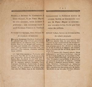 Nonnullae Societates seu Coneventicula de Liberi Muratori, seu des Francs Macons vel aliter nuncupata, ietrùm damnantur & prohibentur: cum invocatione brachi & auxilii saecularium Principum & Potestatum     