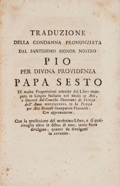 Lettera Pastorale al Clero e Popolo della Città e Diocesi di Bologna. - Traduzione della Condanna...