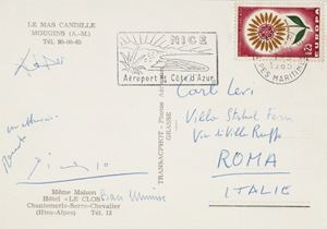 "Un abbraccio, Renato, Picasso, Baci Miniussi", bel timbro postale di Nice, datata 7 /3 / 65. Cartolina con firma