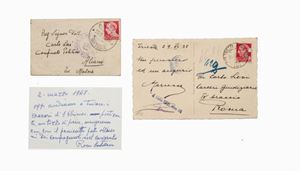 Carlo Levi e le condanne politiche. Così si potrebbe intitolare il presente lotto, interessante per la breve cartolina della Ginzburg, sorella di Leone, ma soprattutto per il significativo biglietto di uno degli amici più sinceri del confinato Levi a Grassano. In un italiano stentato annuncia allo scrittore la nascita della bambina gli chiede al contempo di prestargli 50 lire urgentemente. Si scopre che il Bonelli ha ancora dei quadri in casa di Levi, da finire, e che è stato un suo modello.  Biglietto autografo 