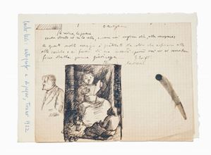 Sergio ed Elisabetta Miniussi regalano ad un caro amico, per l'anno nuovo 1977, un cimelio di Carlo Levi, con la dedica "mi sia permesso di dividere con voi...i miei piccoli "tesori" di Carlo". Disegno e fotografie