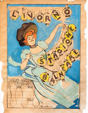 Bozzetto preparatorio per il manifesto "Livorno. Stagione Balneare" di Leonetto Campiello (1875-1942).  L'affiche venne realizzata nel 1901 con un stile fortemente influenzato dallo stile parigino. Di origini livornesi, Cappiello si trasferì giovanissimo a Parigi dove raggiunse un notevole successo grazie alle caricature di personaggi che gravitavano nel mondo dello spettacolo e dello sport. Già alla fine dell'Ottocento iniziò a disegnare manifesti pubblicitari, per numerosissimi marchi commerciali che lo resero famoso in tutta Europa, in Francia in particolare. Livorno. Stagione Balneare