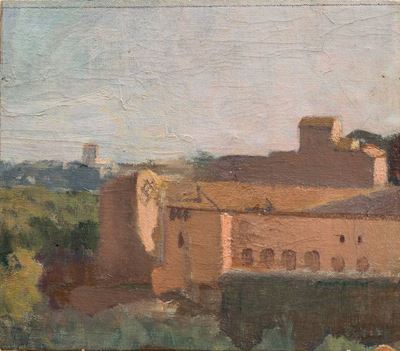 Paesaggio romano, olio su tela applicata su tavola