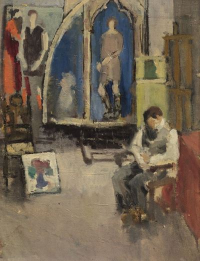 L'atelier del pittore, olio su tela applicata su tavola