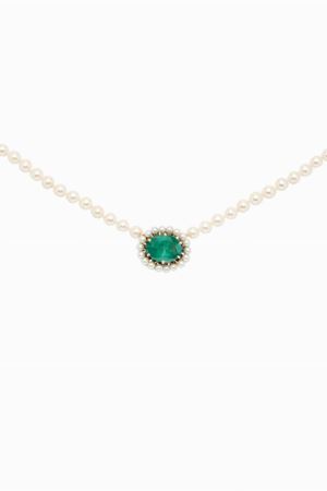 in oro bicolore 18kt, perle coltivate, smeraldo, zaffiri e diamanti