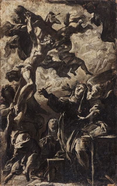 Estasi di Santa Caterina da Siena, olio su tela en grisaille, cm 48 x 31
