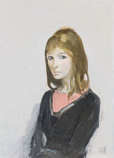 Donna con abito rosa e nero, olio su tela