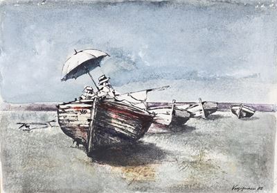 Barca sulla riva, tecnica mista su carta, 1960