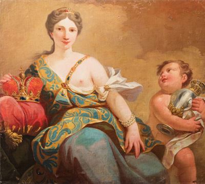 Scuola spagnola, Figura allegorica con putto, olio su tela