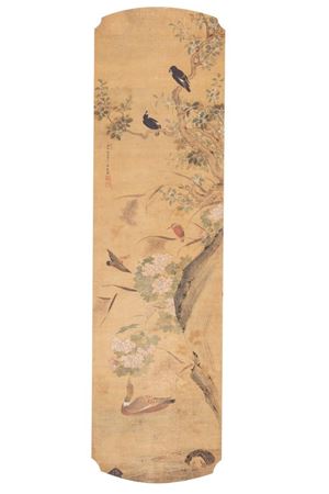 Scroll su carta raffigurante uccelli su ramo fiorito, Cina secolo XX