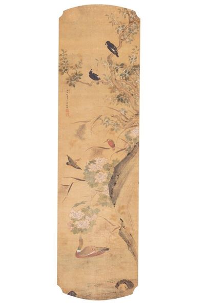 Scroll su carta raffigurante uccelli su ramo fiorito, Cina, XX secolo