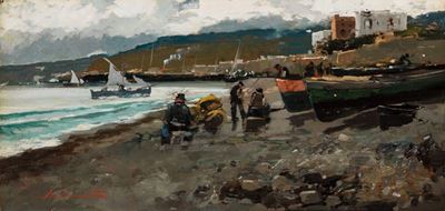 Pescatori e barche a riva, olio su masonite