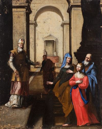 Scuola fiamminga, Presentazione di Maria al Tempio, olio su tela, cm 64,5 x 51,5