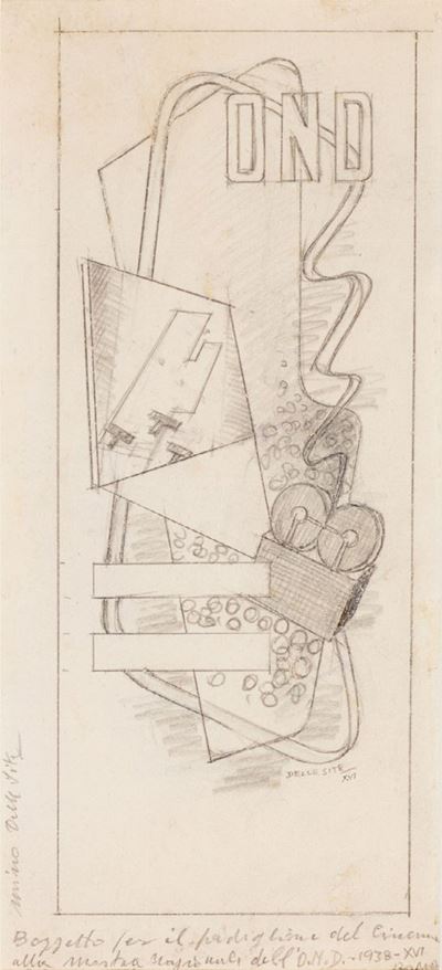 Bozzetto per pannello al padiglione del Cinema, O.N.D., 1938, grafite su carta