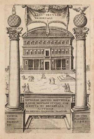 Edizione rara. Arias Montanus, teologo spagnolo, aveva collaborato con Plantin per l&rsquo;edizione della Bibbia poliglotta, la collaborazione continu&ograve; con la la pubblicazione dell&rsquo; Humanae salutis monumenta, opera che &egrave; descritta da Landwehr nella sua lista di opere fondanti come &ldquo;the first emblem book of a Catholic tendency' (Romanic Emblem Books, p. 1). Gli emblemi ben rappresentano l&rsquo;iconografia della chiesa cattolica e la propaganda religiosa della contro-riforma.  Humanae salutis monumenta B. Arias Montani studio constructa et decantata 