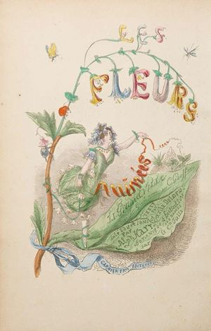 Seconda edizione, con le tavole ritoccate e colorate dal pittore Maubert. Jean-Jacques Grandville (Nancy, 1803 - Vanves, 1847) fu uno dei pi&ugrave; illustri e romantici illustratori francesi dell'800. Per Les Fleurs Animees ide&ograve; disegni di grande originalit&agrave; e impatto visivo, nei quali ogni specie di fiore &egrave; umanizzata e vestita dei propri petali e foglie. I testi dell'opera sono a cura di Alph Carr e Taxile Delord. Les Fleurs Animees