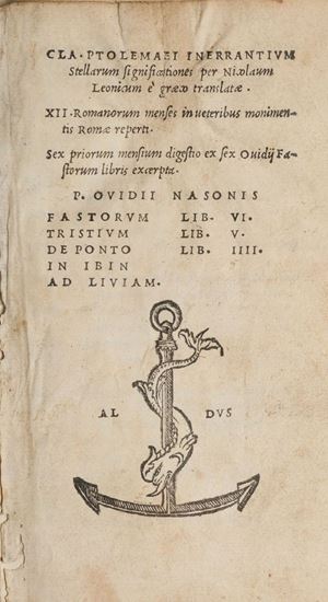 Cla. Ptolemaei Inerrantum Stellarum significationes per Nicolaum Leonicum e graeco translate....P. Ovidii Nasonis Fastorum Lib. VI. Tristium Lib. V. De Ponto Lib. IIII. In Ibin. Ad Liviam