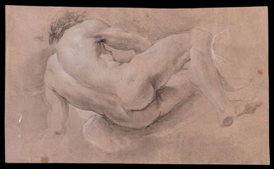 Nudo virile di schiena, matita e biacca su carta preparata marroncina