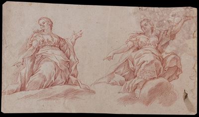 Autore anonimo, Studi per due figure allegoriche, matita rossa su carta filigranata