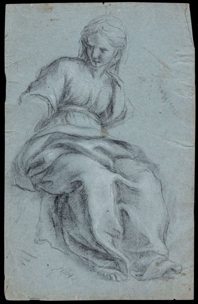 Autore sconosciuto, Studio per una figura femminile seduta - Matita su carta preparata azzurrina