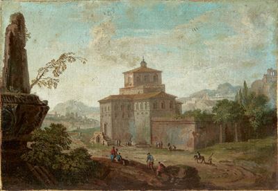 Due vedute della campagna romana, olio su tela applicata su cartone