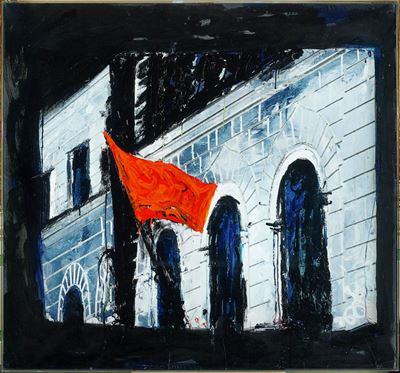 Botteghe Oscure con bandiera rossa, smalto e acrilico su tela, 1990
