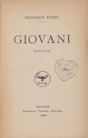 Prima edizione dell&rsquo;ultima opera, uscita postuma a pochi mesi dalla scomparsa dell&rsquo;autore, ma approntata dallo stesso Tozzi. Giovani 